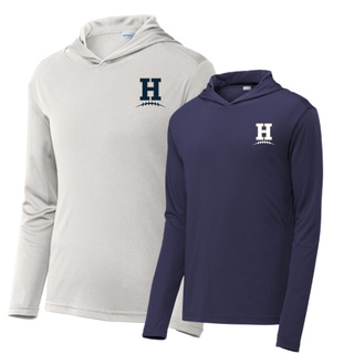 Hayden Wildcats Pocket H Football PosiCharge Competitor Hoodie in silver and navy featuring left chest H logo with football laces detail
