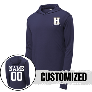 Navy Hayden Wildcats Pocket H Football PosiCharge Competitor Hoodie showing front left chest design and back customization option with player name and number

