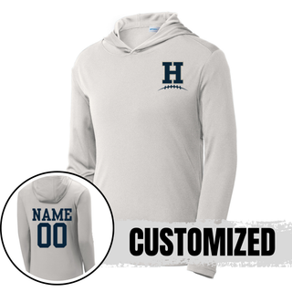 Silver Hayden Wildcats Pocket H Football PosiCharge Competitor Hoodie showing front left chest design and back customization option with player name and number
