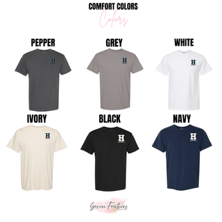 Comfort Colors tee color options for the Hayden Wildcats Pocket H Football Top including pepper, grey, white, ivory, black, and navy
