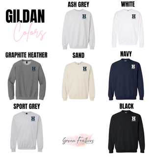 Gildan crewneck sweatshirt color options for the Hayden Wildcats Pocket H Football Top including ash grey, white, graphite heather, sand, navy, sport grey, and black
