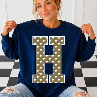 Hayden Wildcats Polka Dot Initial Top - navy crewneck with gold polka dot H initial