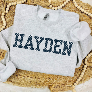 Hayden Wildcats Polka Dot Varsity Top - heather grey crewneck with navy polka dot Hayden varsity wordmark
