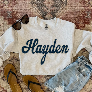 Hayden Wildcats Script Graphic Top in ash grey crewneck styled with denim shorts and sandals

