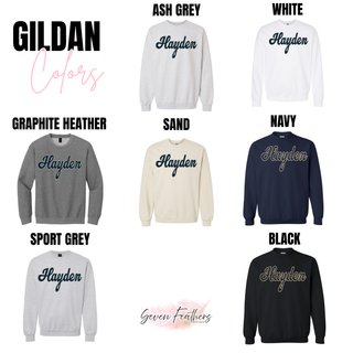 Hayden Wildcats Script Graphic Top Gildan colors in ash grey, white, graphite heather, sand, navy, sport grey, and black crewneck
