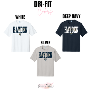 Dri-Fit Performance Top color options for the Hayden Wildcats Script Overlay design in white, deep navy, and silver
