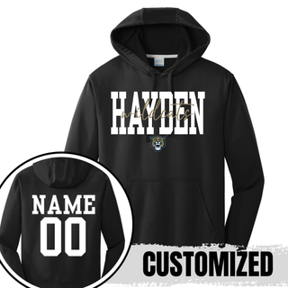 Black Hayden Wildcats Script Overlay Performance Hoodie showing front design and back customization option with player name and number
