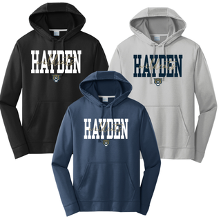 Performance hoodie color options for the Hayden Wildcats Script Overlay design in black, silver, and navy featuring bold block Hayden text with wildcats gold script overlay and wildcat mascot face
