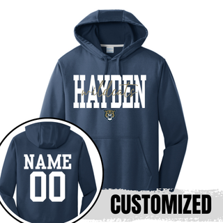 Navy Hayden Wildcats Script Overlay Performance Hoodie showing front design and back customization option with player name and number
