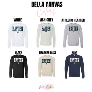 Bella Canvas color options for the Hayden Wildcats Script Overlay Top including white, ash grey, athletic heather, black, heather dust, and navy crewneck and long sleeve styles
