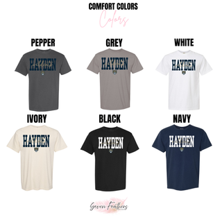 Comfort Colors tee color options for the Hayden Wildcats Script Overlay Top including pepper, grey, white, ivory, black, and navy
