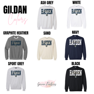 Gildan crewneck sweatshirt color options for the Hayden Wildcats Script Overlay Top including ash grey, white, graphite heather, sand, navy, sport grey, and black
