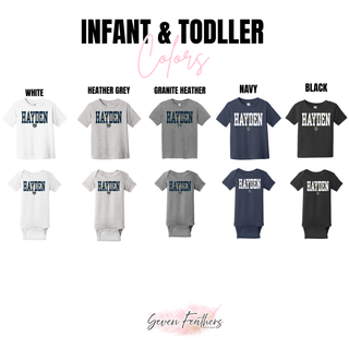 Infant and toddler color options for the Hayden Wildcats Script Overlay Top including white, heather grey, granite heather, navy, and black tees and onesies
