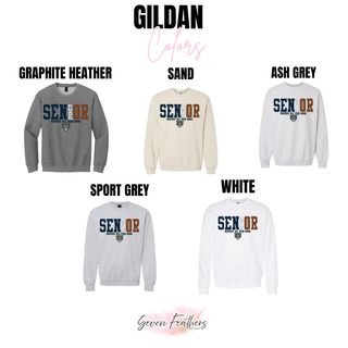 Hayden Wildcats Senior 2027 Respect All Fear None Gildan crewneck sweatshirt colors in graphite heather, sand, ash grey, sport grey, and white

