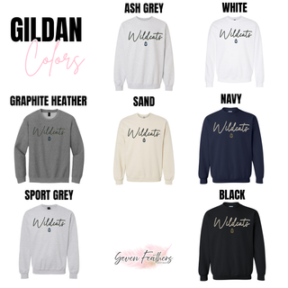 Hayden Wildcats Signature Top Gildan crewneck colors - ash grey, white, graphite heather, sand, navy, sport grey, black
