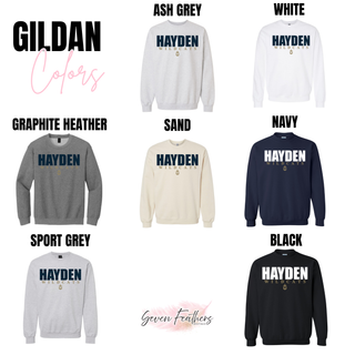 Gildan sweatshirt color options featuring the Hayden Wildcats stacked logo design.