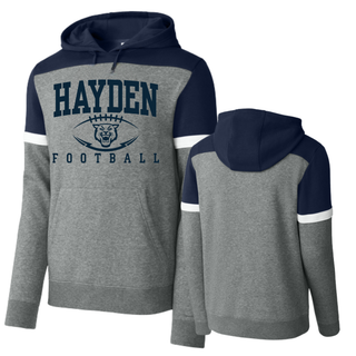 Hayden Wildcats Stadium Football Fleece Colorblock Hoodie front and back Topeka Kansas - Heather Grey Navy
