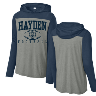 Hayden Wildcats Stadium Football Long Sleeve Hoodie front and back Topeka Kansas - Heather Grey Navy
