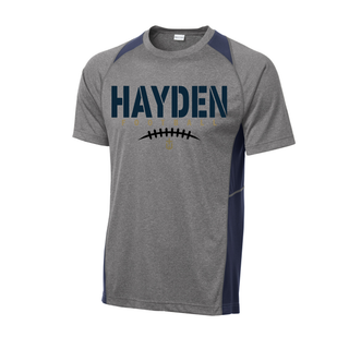 Grey and navy Colorblock Contender Tee with Hayden Wildcats Stencil Block Football design featuring bold stencil block Hayden text with football laces graphic on front
