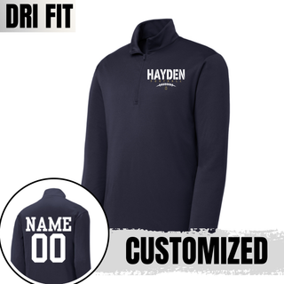 Navy Hayden Wildcats Stencil Block Football Dri-Fit Quarter Zip showing left chest design and back customization option with player name and number
