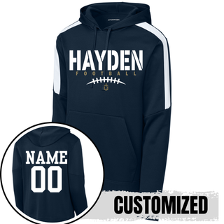 Navy Hayden Wildcats Stencil Block Football Fan Favorite Hoodie showing front design and back customization option with player name and number
