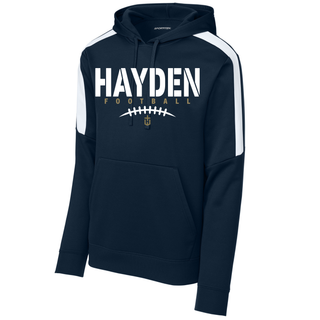Navy Fan Favorite Hoodie with Hayden Wildcats Stencil Block Football design featuring bold stencil block Hayden text with football laces graphic and white colorblock stripe sleeve detail
