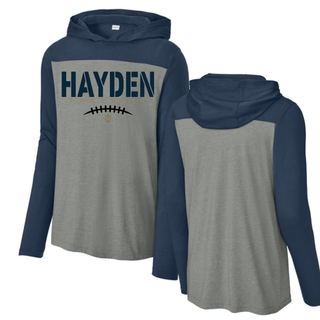 Front and back view of grey and navy Hayden Wildcats Stencil Block Football Long Sleeve Hoodie showing colorblock raglan sleeve and hood detail
