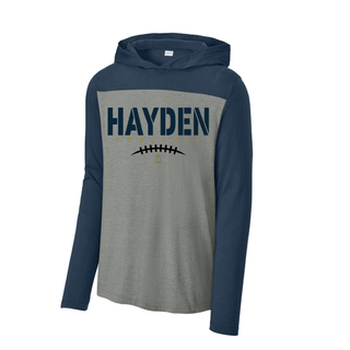Grey and navy Hayden Wildcats Stencil Block Football Long Sleeve Hoodie featuring bold stencil block Hayden text with football laces graphic and navy colorblock raglan sleeves and hood
