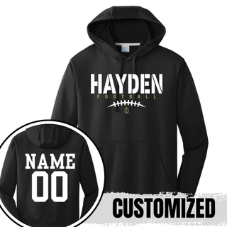 Black Hayden Wildcats Stencil Block Football Performance Hoodie showing front design and back customization option with player name and number
