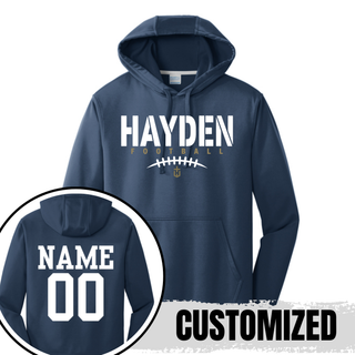 Navy Hayden Wildcats Stencil Block Football Performance Hoodie showing front design and back customization option with player name and number

