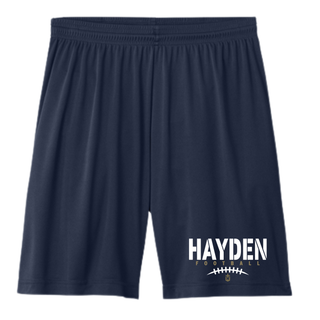 Navy Performance Shorts with Hayden Wildcats Stencil Block Football design featuring bold stencil block Hayden text with football laces graphic on left leg
