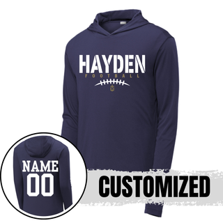 Navy Hayden Wildcats Stencil Block Football PosiCharge Competitor Hoodie showing front design and back customization option with player name and number
