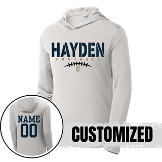 Silver Hayden Wildcats Stencil Block Football PosiCharge Competitor Hoodie showing front design and back customization option with player name and number
