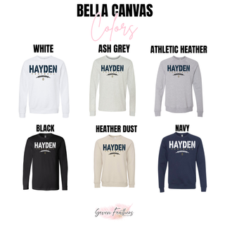 Bella Canvas color options for the Hayden Wildcats Stencil Block Football Top including white, ash grey, athletic heather, black, heather dust, and navy crewneck and long sleeve styles
