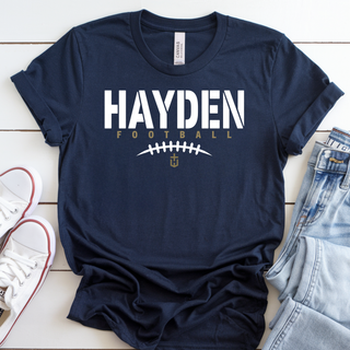 Navy lifestyle tee with Hayden Wildcats Stencil Block Football design featuring bold stencil block Hayden text with football and laces graphic below

