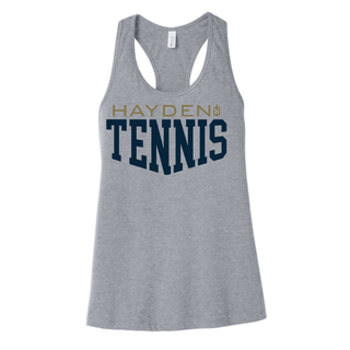 Heather grey Bella womens racerback tank with Hayden Tennis Edition design in gold and navy varsity arched text with small cross logo
