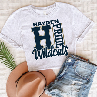 Hayden Wildcats Topeka Kansas Letter Pride Bella Canvas tee in ash grey with bold navy and gold H Pride Wildcats graphic
