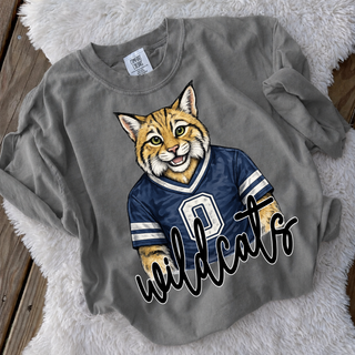 Grey crewneck sweatshirt with bobcat mascot in navy jersey, Hayden Wildcats Topeka Kansas spirit wear
