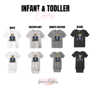 Infant and toddler chart for Hayden Wildcats navy jersey top in white, heather grey, granite heather, black
