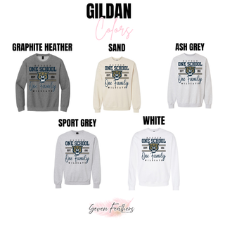 Hayden Wildcats Topeka Kansas One School One Family Gildan crewneck in graphite heather, sand, ash grey, sport grey, and white
