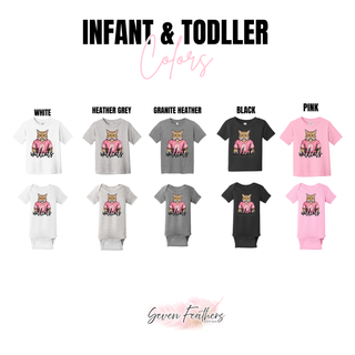 Infant and toddler chart for Hayden Wildcats pink jersey top in white, grey, granite heather, black, pink
