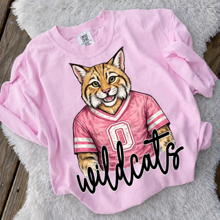 Pink crewneck sweatshirt with bobcat mascot in pink jersey, Hayden Wildcats Topeka Kansas spirit wear
