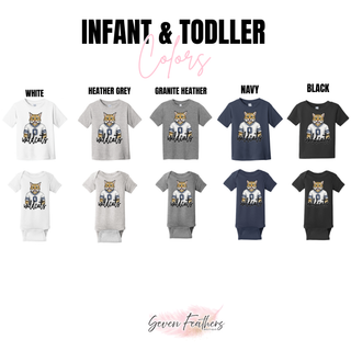 Infant and toddler chart for Hayden Wildcats white jersey top in white, grey, granite heather, navy, black
