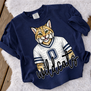 Navy crewneck sweatshirt with bobcat mascot in white jersey, Hayden Wildcats Topeka Kansas spirit wear
