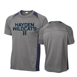 Front and back view of heather grey and navy Hayden Wildcats Two Line Logo Colorblock Contender Dri-Fit Performance Top
