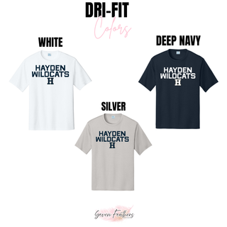 Dri-fit performance tee color options for the Hayden Wildcats Two Line Logo Dri-Fit Performance Top including white, deep navy, and silver
