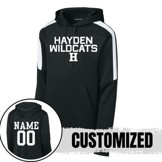 Black Hayden Wildcats Two Line Logo Fan Favorite Hoodie showing front design and back customization option with player name and number
