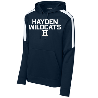 Navy Hayden Wildcats Two Line Logo Fan Favorite Hoodie featuring stacked block letter Hayden Wildcats text with H logo on front and white colorblock stripe detail on sleeves
