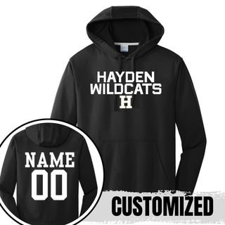 Black Hayden Wildcats Two Line Logo Performance Hoodie showing front design and back customization option with player name and number
