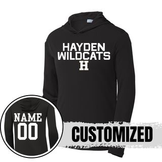 Black Hayden Wildcats Two Line Logo PosiCharge Competitor Hoodie showing front design and back customization option with player name and number
